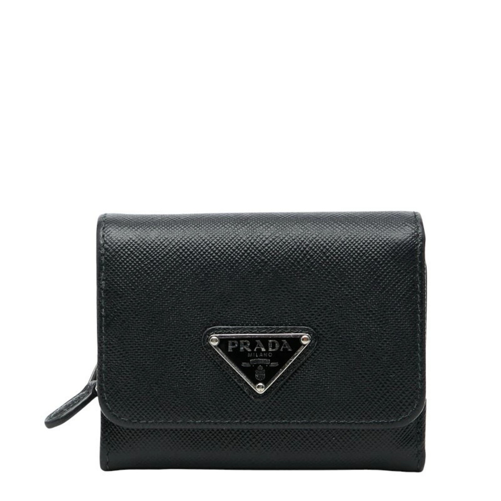 Prada Tri fold Wallet Triangle Plate Black Saffiano Leather